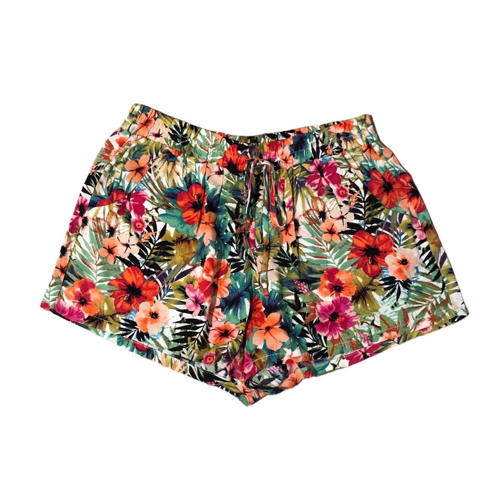 Tropical Floral Print Drawstring Beach Shorts- Size Medium